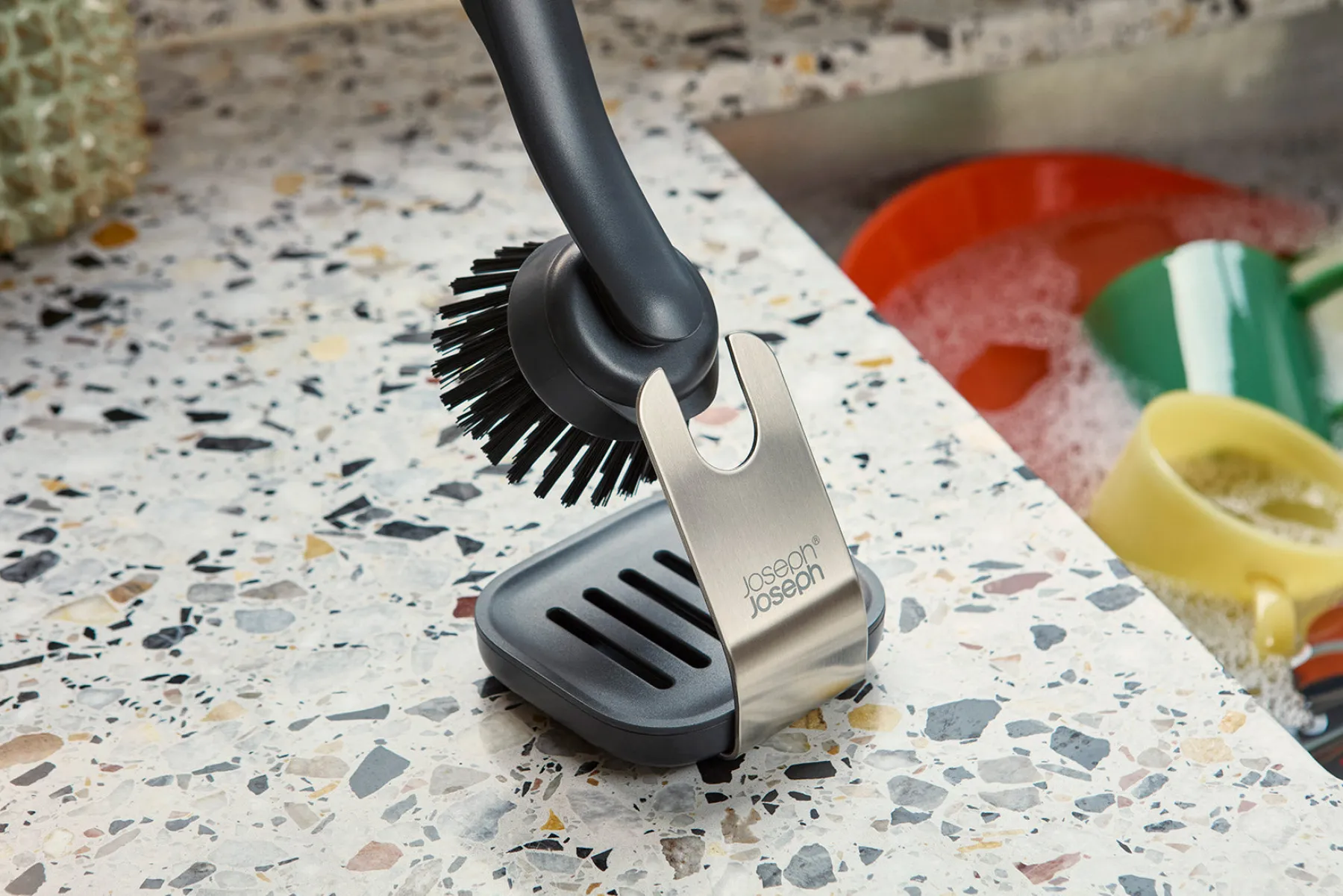 Dish Brushes & Scrubbers-Joseph Joseph SinkTech™ Dish Brush with Steel Stand Gray