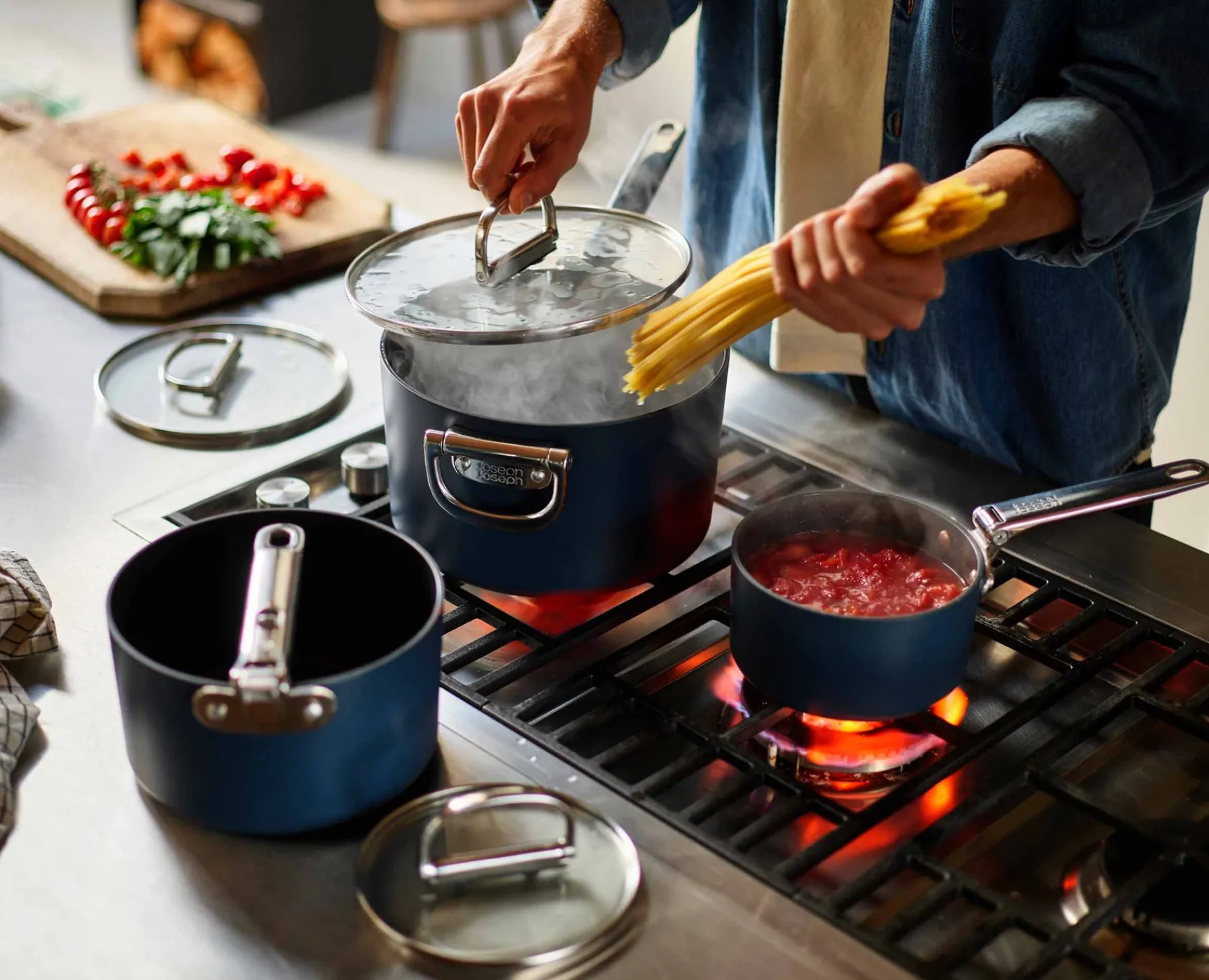 Pots & Pans-Joseph Joseph Space Folding Handle Ceramic Non-stick 1.4 Qt. Saucepan & Lid Blue
